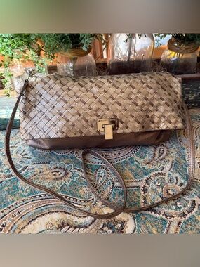 Elliott Lucca Woven Leather Foldover Crossbody Bag Metallic Platinum Gold Bronze